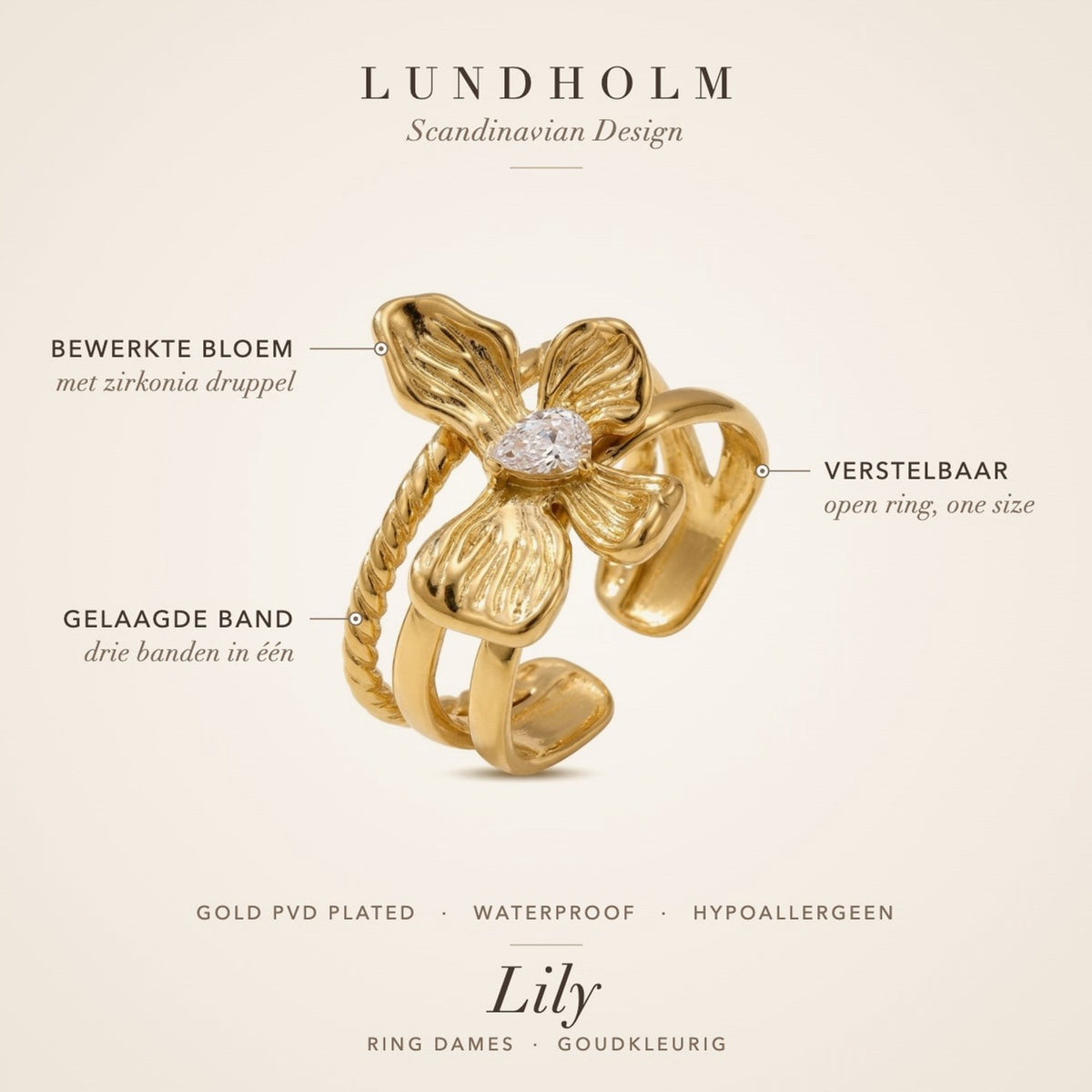 Lundholm Lily ring goud – verstelbaar, waterproof en hypoallergeen, gelaagde ringband