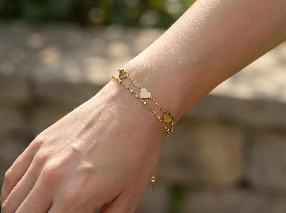 Lundholm Lisan armband goudkleurig dubbellaagse hartjes bedelarmband gedragen door vrouw, lifestyle moederdag cadeau voor haar