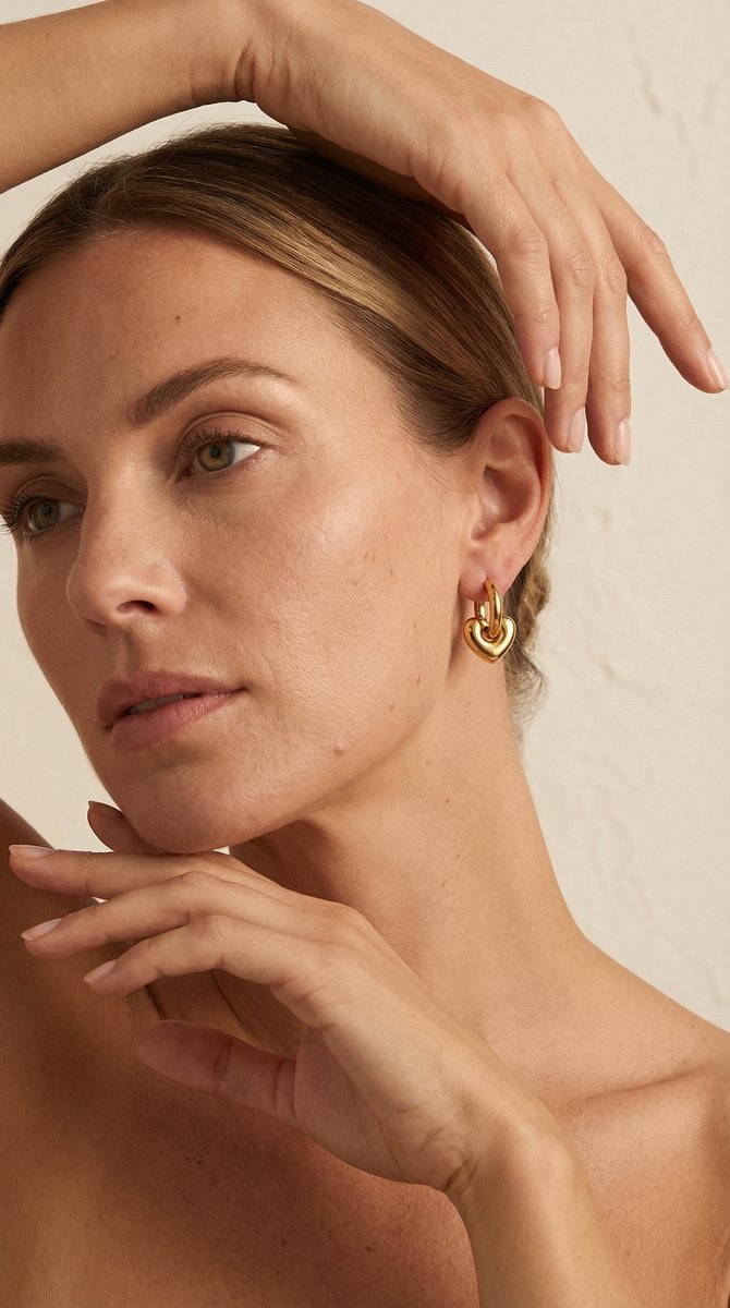 Lundholm Lovea oorbellen goudkleurige hoepels met hartjes hangers gedragen door model, romantisch sieraad cadeau voor vrouwen