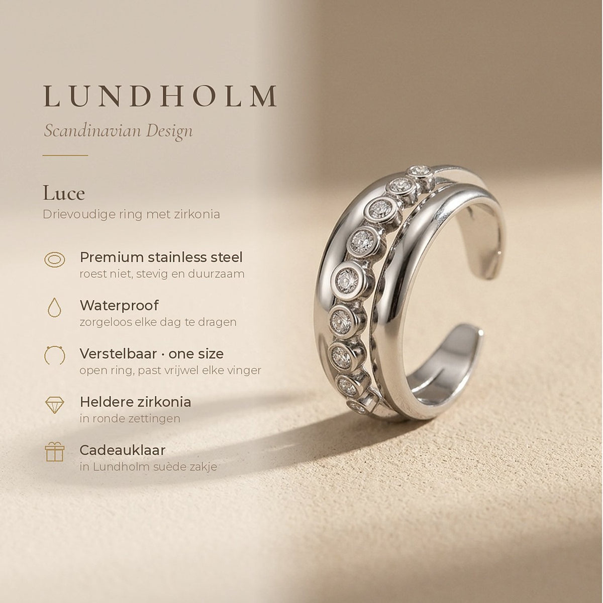 Lundholm Luce ring zilver – verstelbaar, waterproof en roestvrij, productdetails