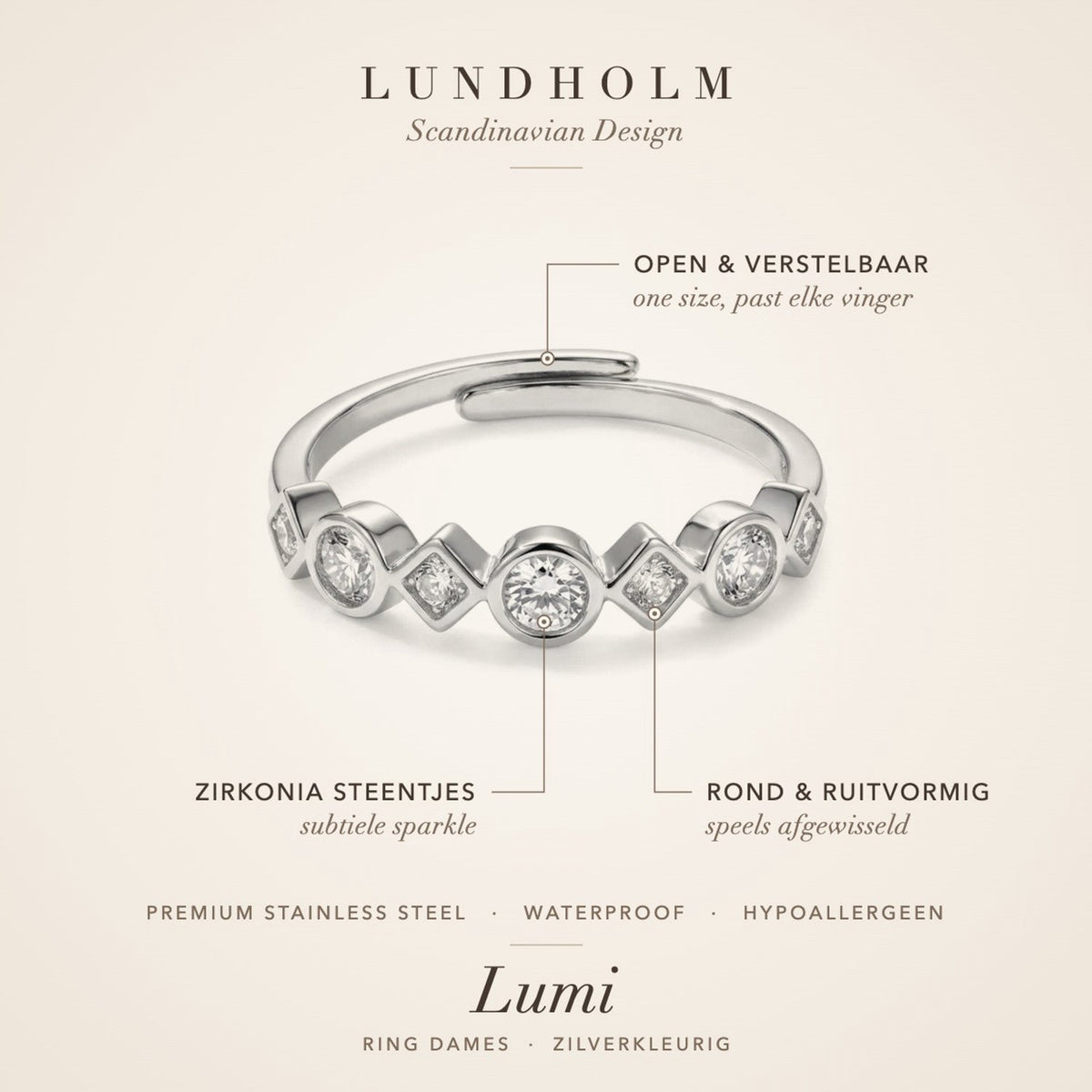 Lundholm Lumi ring zilver – verstelbaar, waterproof en hypoallergeen, one size