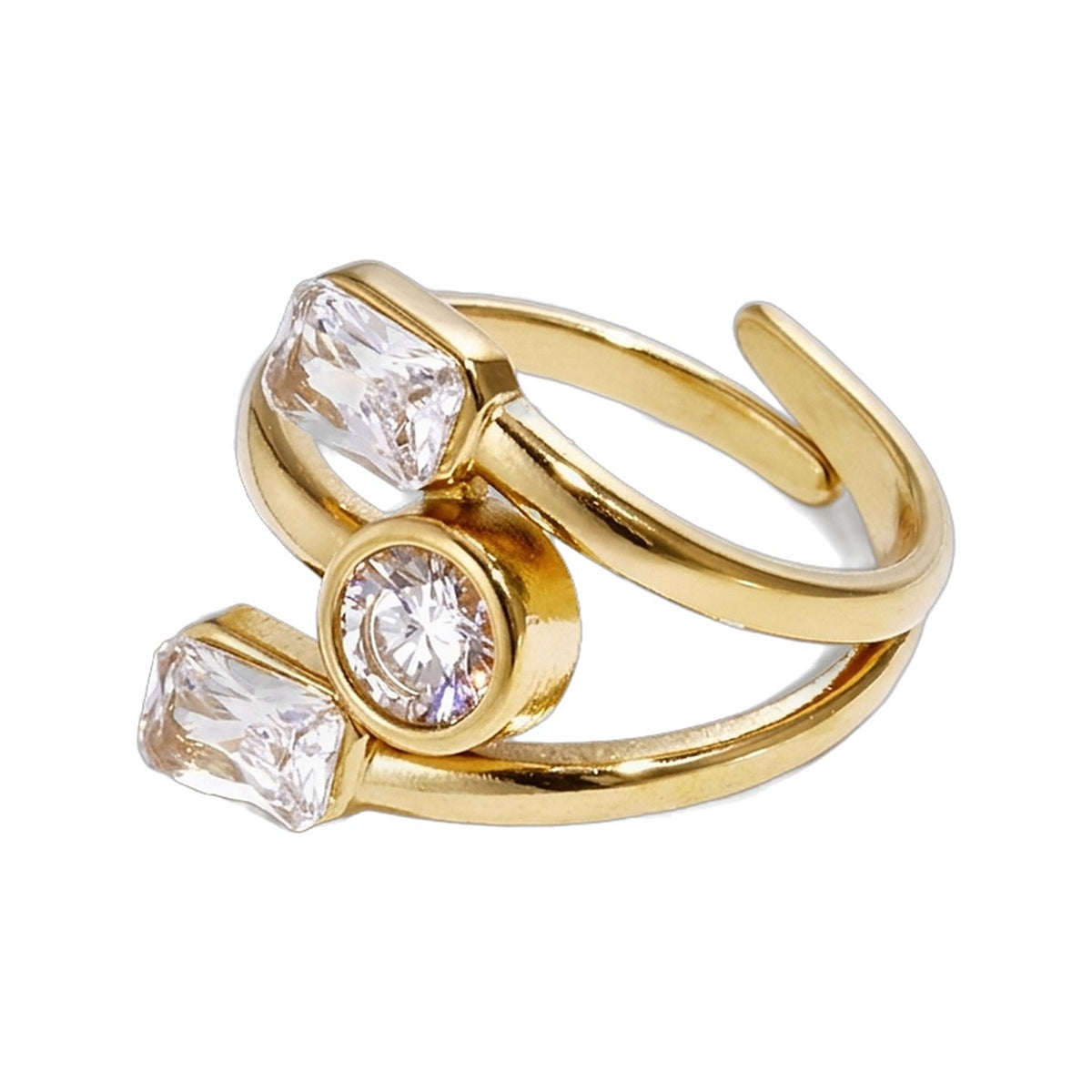 Lundholm Lyra ring dames goudkleurig – verstelbare wikkelring met 3 zirkonia steentjes, gold PVD stainless steel