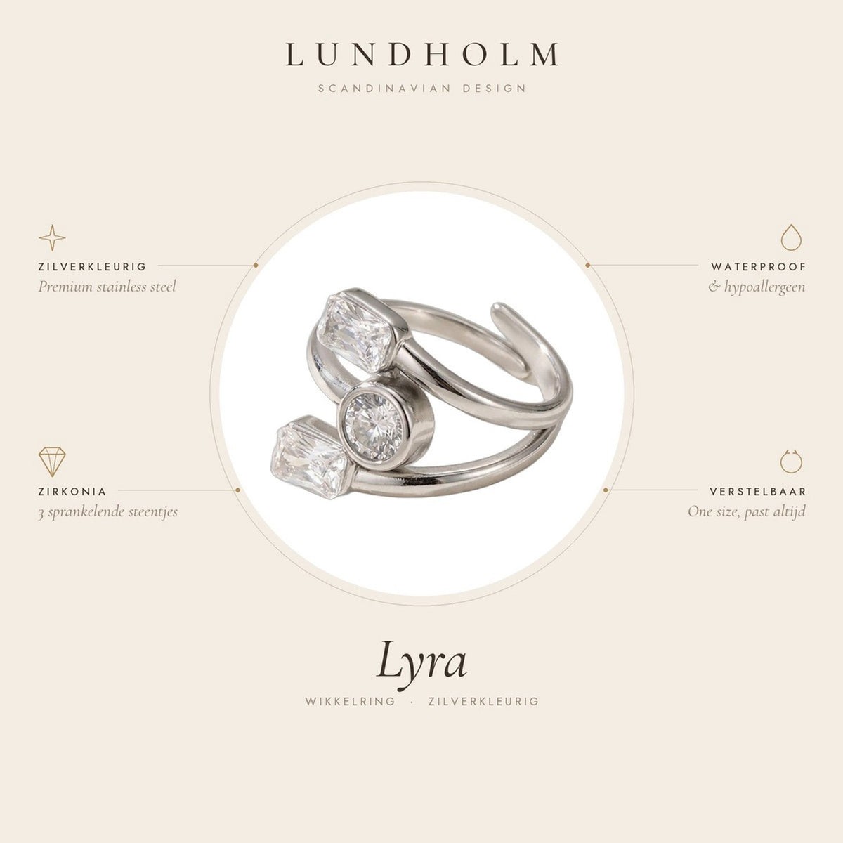 Lundholm Lyra ring zilver – waterproof, hypoallergeen en verstelbaar, one size