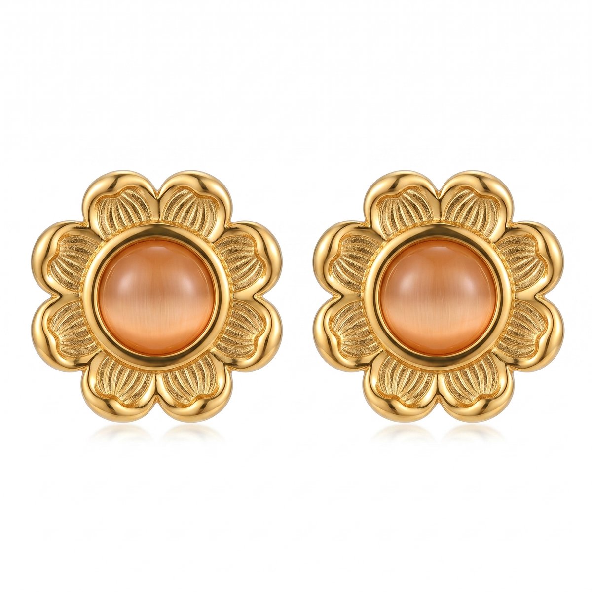 Lundholm Marielle oorknopjes dames goudkleurig – bloem met amberkleurige steen, gold PVD stainless steel