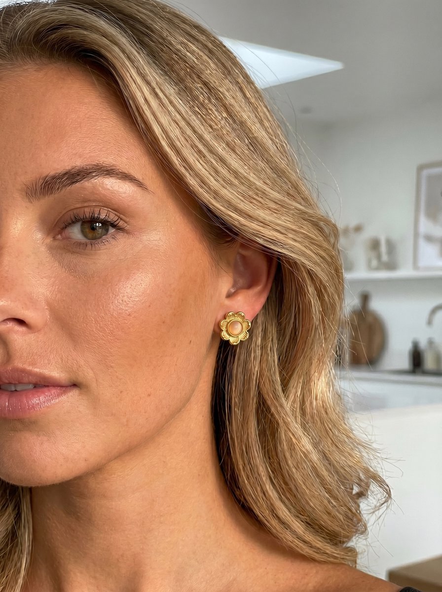 Lundholm Marielle gouden bloem oorknopje in het oor gedragen