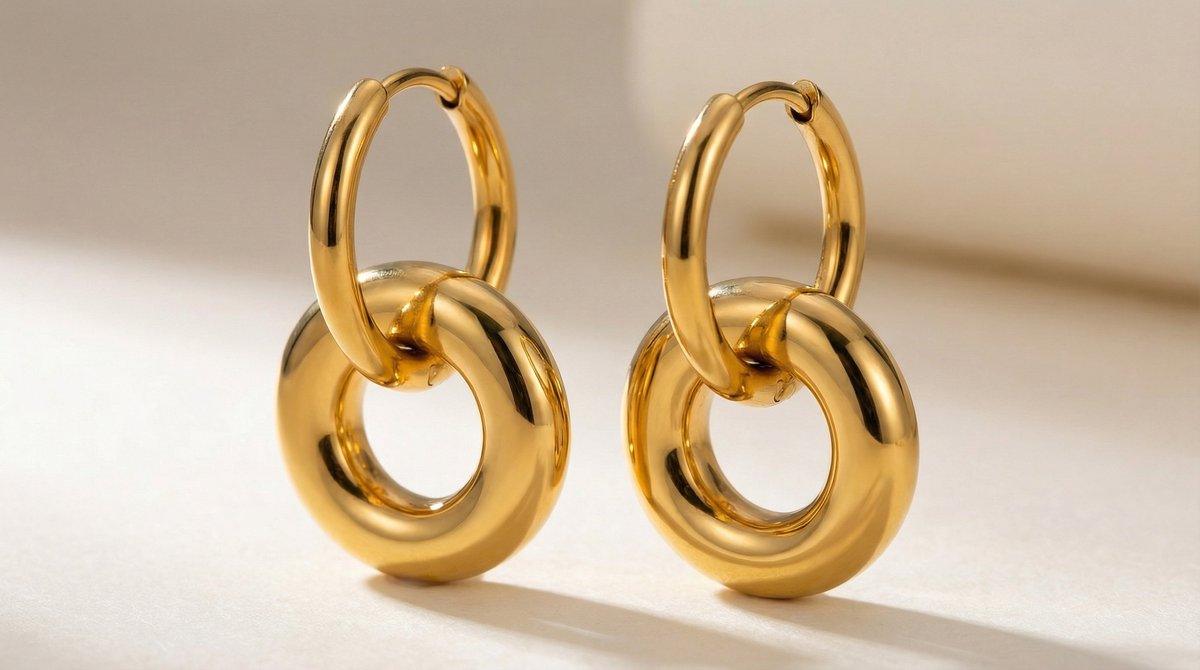 Lundholm Nina oorbellen goudkleurige dubbele hoepels productfoto, premium stainless steel oorringen Scandinavisch design