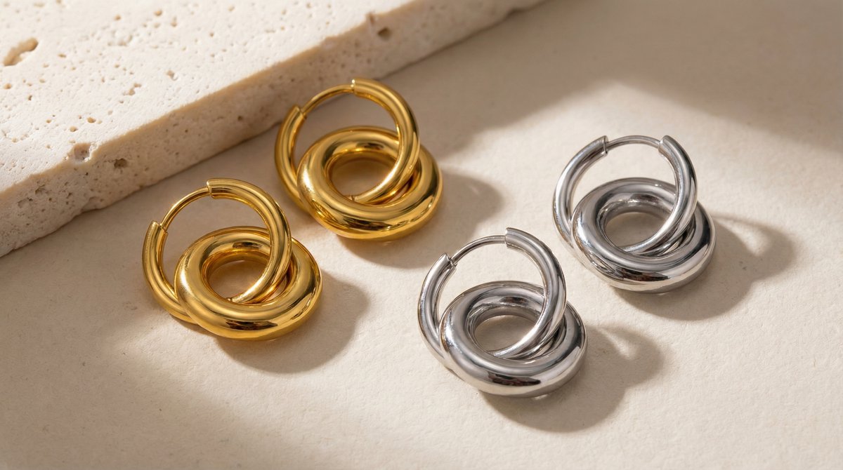 Lundholm Nina oorbellen dubbele hoepels in goudkleurig en zilverkleurig naast elkaar, beide kleuren Scandinavisch design sieraad