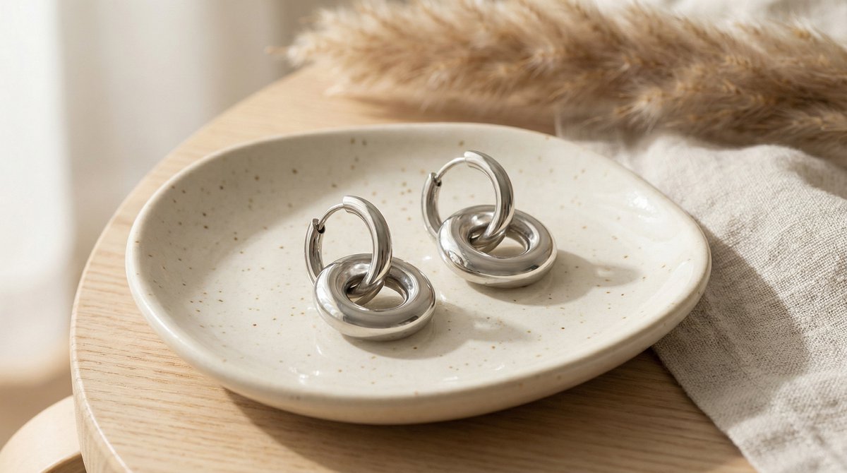 Lundholm Nina oorbellen zilverkleurige dubbele hoepels op keramieken schaaltje met pampagras, Scandinavisch design sieraad sfeerbeeld