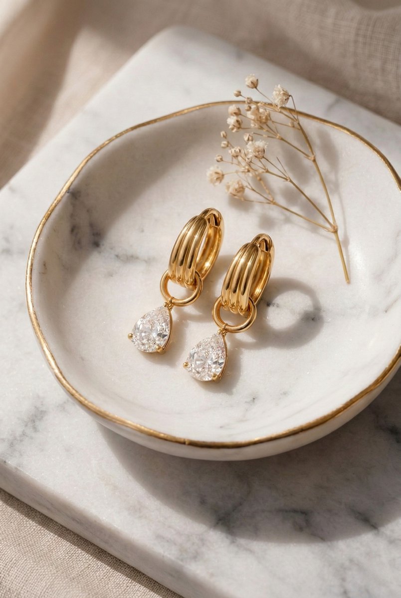 Lundholm Nora zirkonia hangers oorbellen in goudkleurig op marmeren schaaltje met gypsophila, bruidssieraad styling