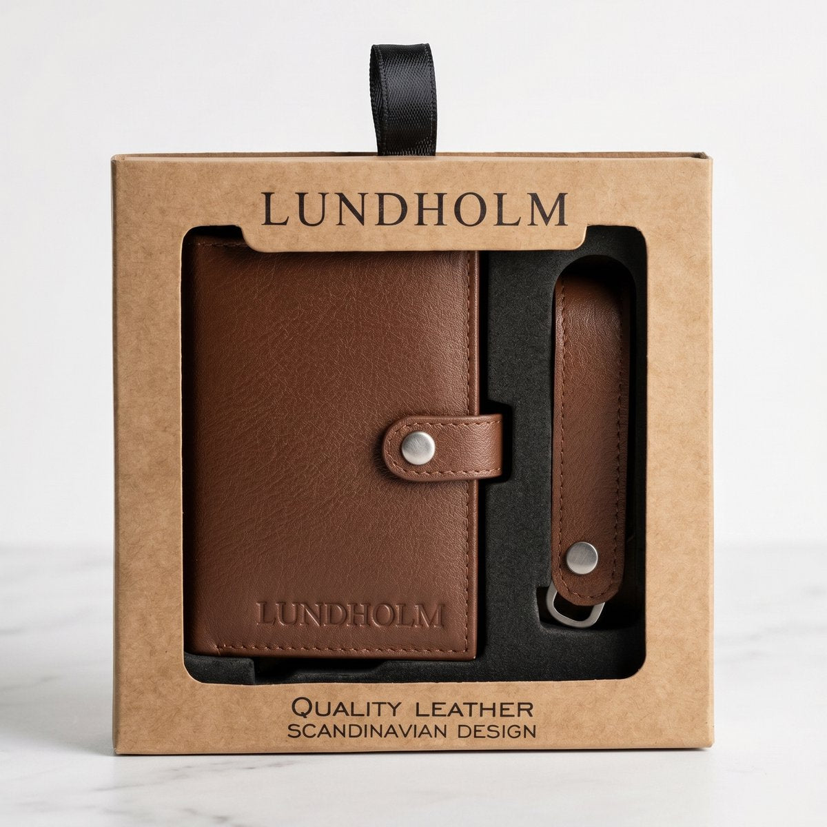 Lundholm Örebro cadeauset mannen bruin — echt leren pasjeshouder met RFID anti-skim en bijpassende leren sleutelhouder