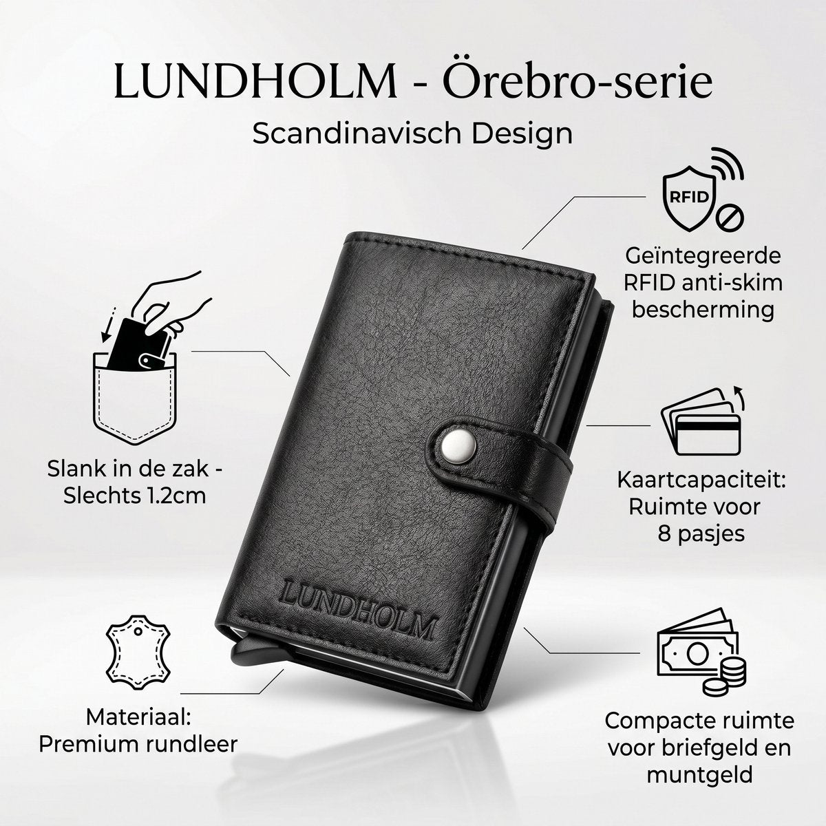 Lundholm Örebro cadeauset mannen zwart — echt leren pasjeshouder met RFID anti-skim en bijpassende leren sleutelhouder