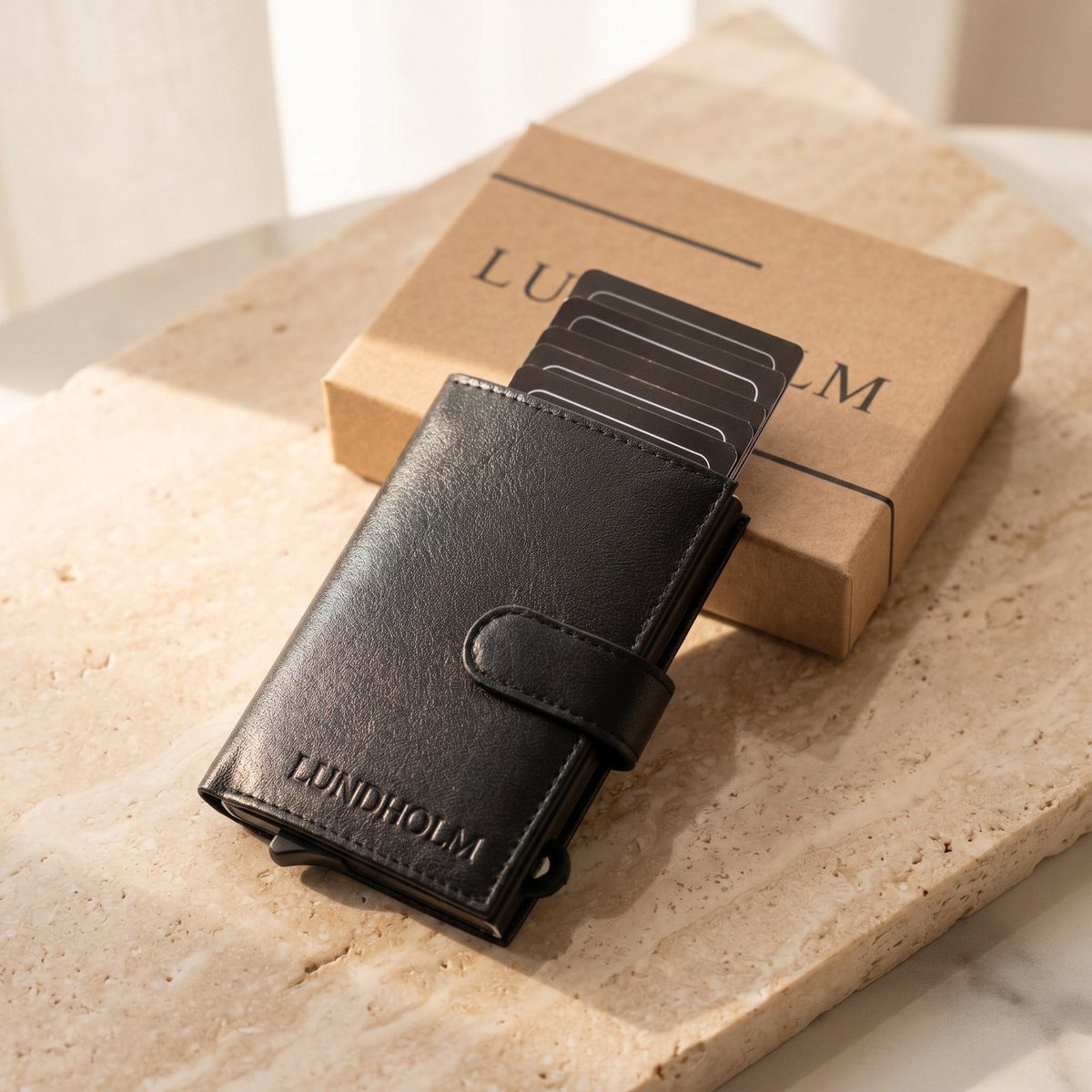 Lundholm Örebro zwart luxe rundleer detail — compact en chic mannen accessoires