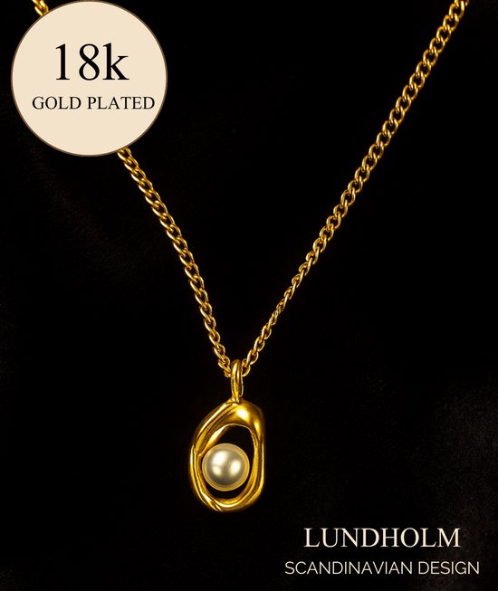 Lundholm Hilma ketting dames goudkleurig premium stainless steel – imitatieparel hanger