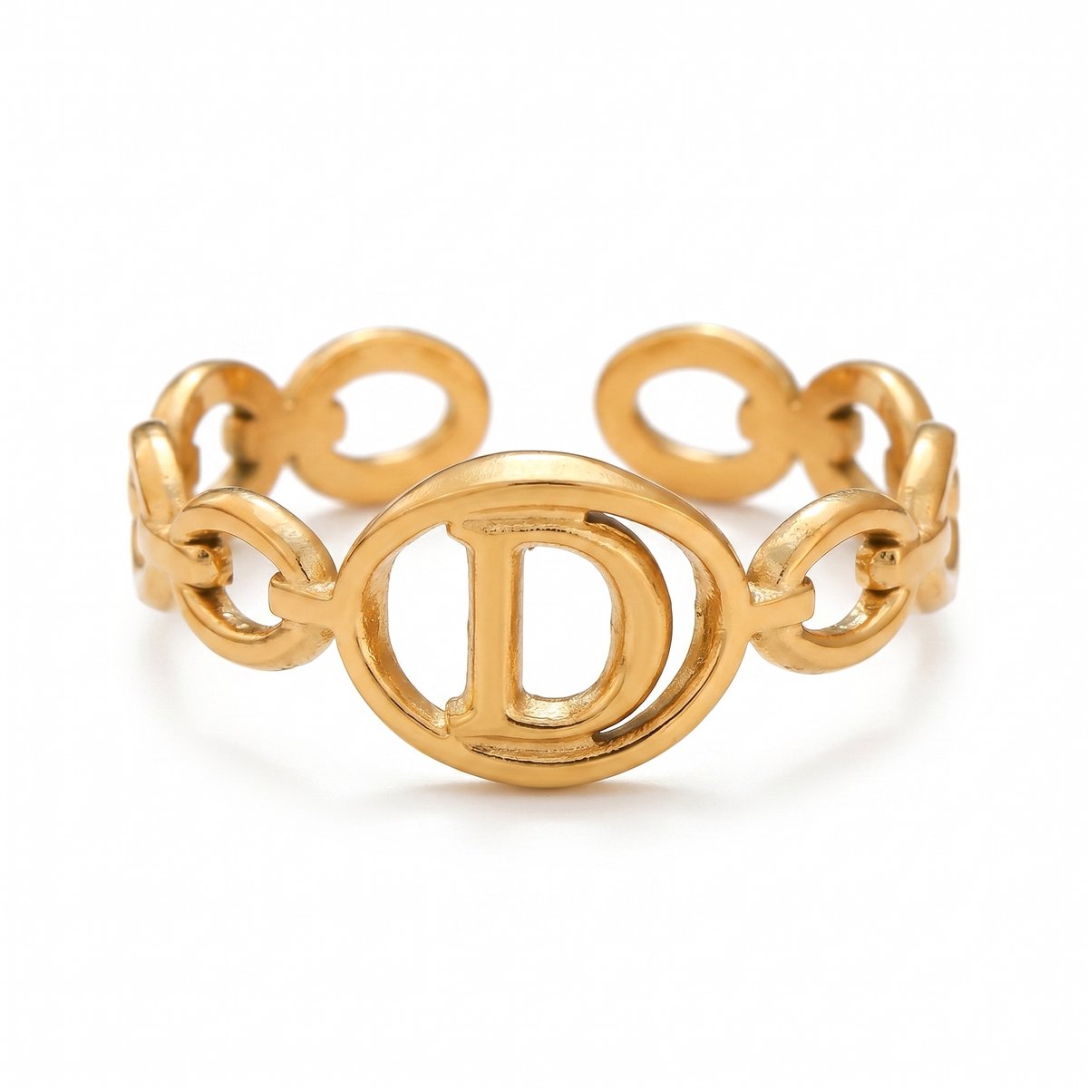 Lundholm Quincy letter D ring goud PVD verstelbare naam ring