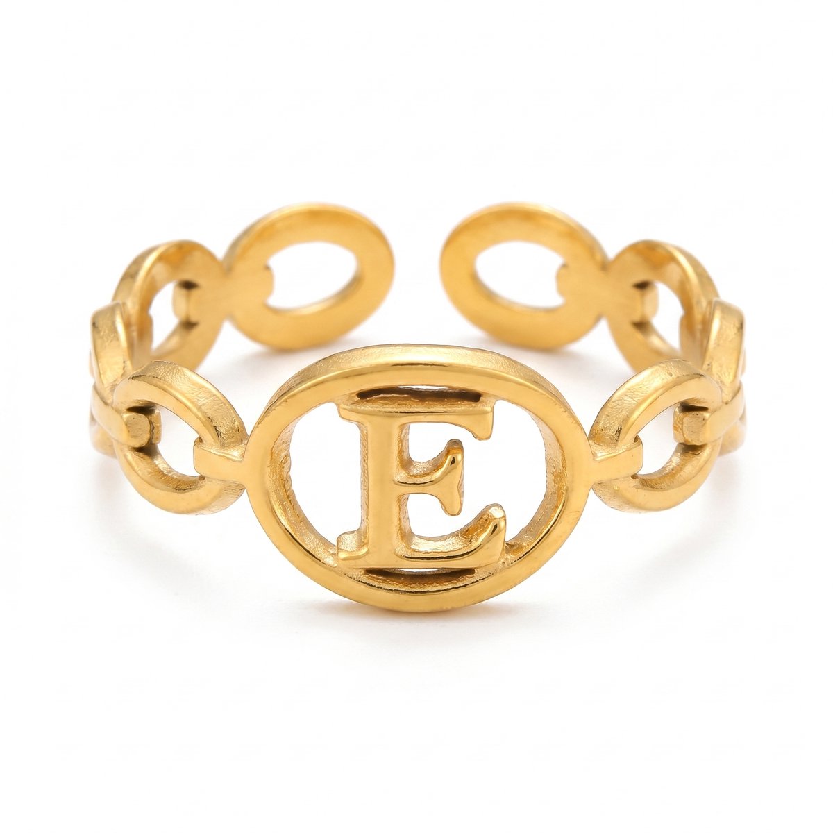 Lundholm Quincy letter E ring goud PVD verstelbare naam ring
