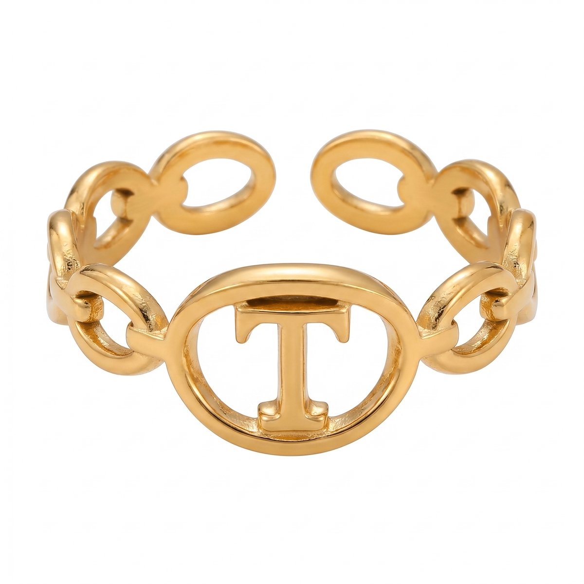 Lundholm Quincy letter T ring goud PVD verstelbare naam ring