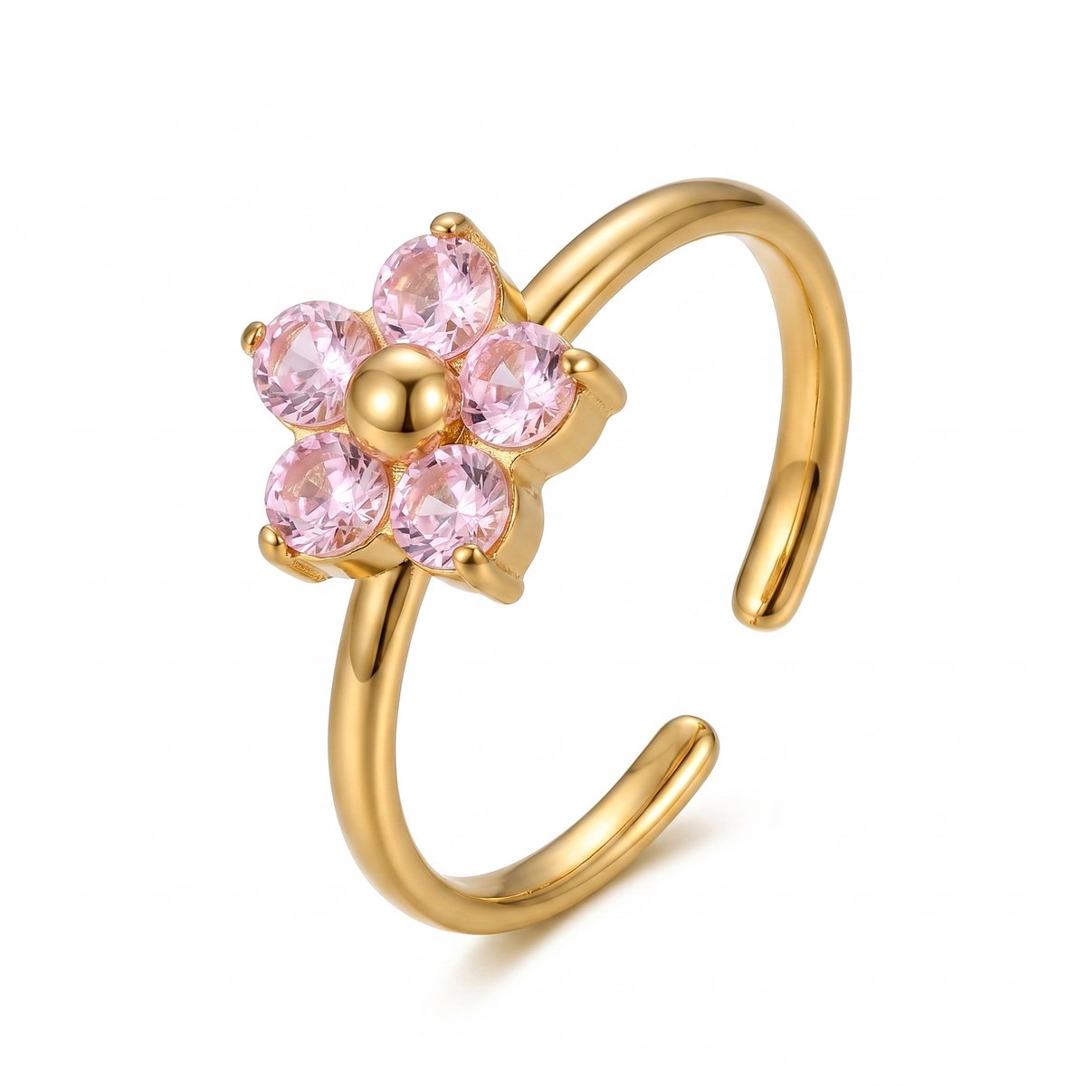 Lundholm Romy bloem ring roze steen goud PVD stainless steel verstelbaar