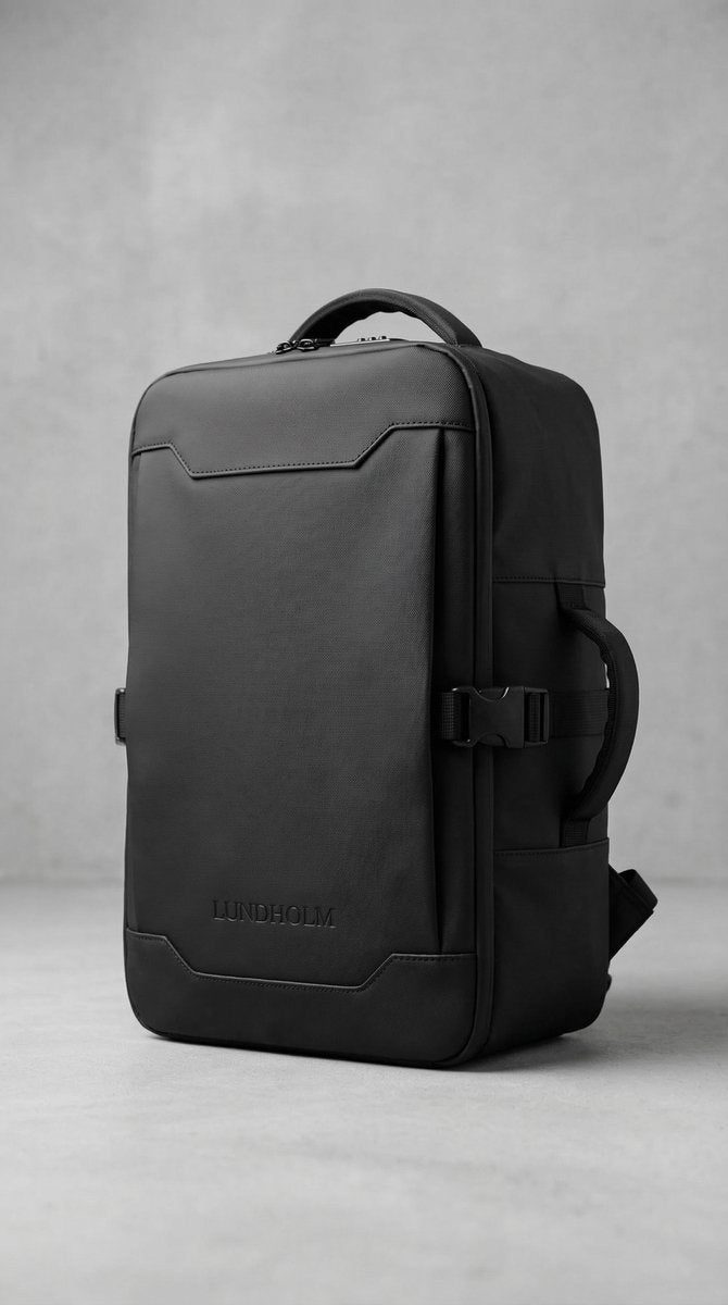 Lundholm Underseater rugzak zwart driekwart aanzicht productfoto, premium reisrugzak met TSA-slot 40x30x20 cabin approved