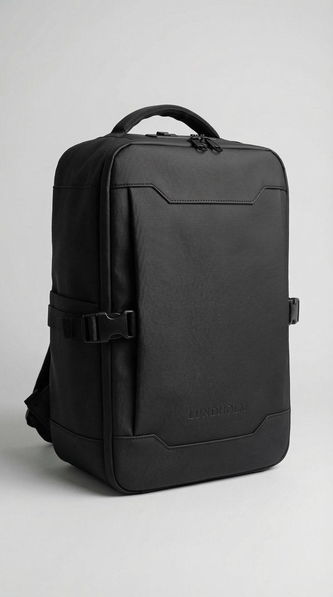 Lundholm Underseater rugzak zwart staand productfoto, premium reisrugzak met laptopvak Scandinavisch design handbagage