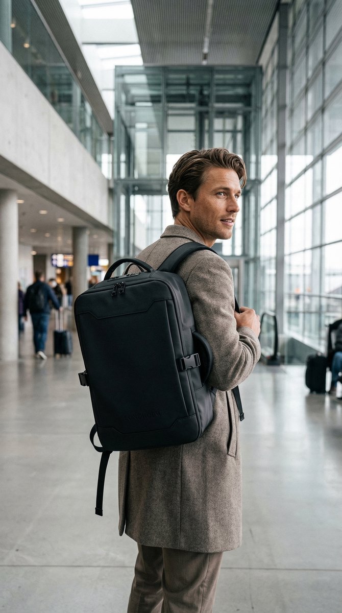 Lundholm Underseater rugzak zwart als handbagage gedragen door man op vliegveld, ideale reisrugzak voor zakelijke reizen