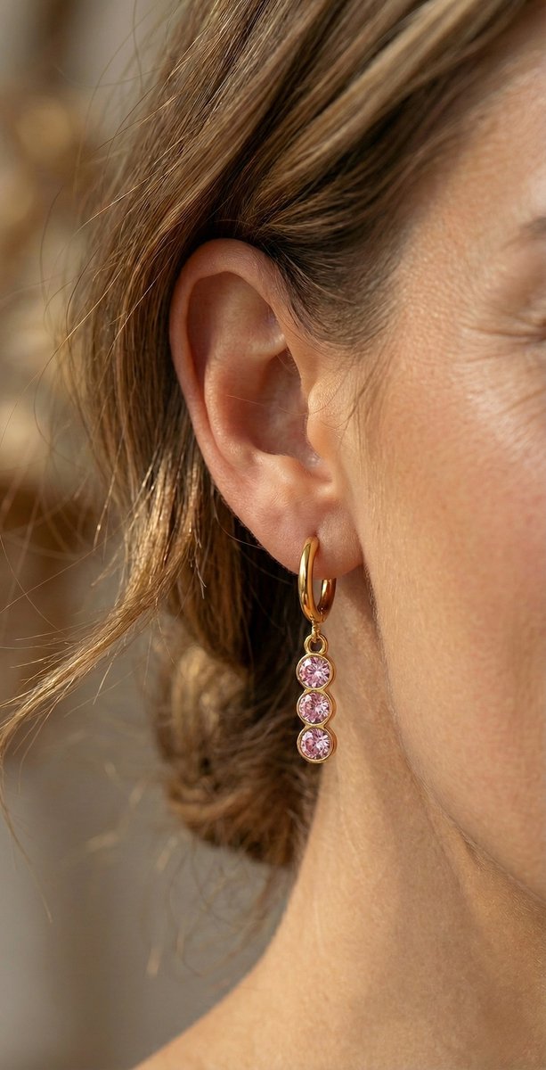 Lundholm Sam creolen oorbellen met roze zirkonia steentjes hangers in goudkleurig, gedragen aan vrouwenoor