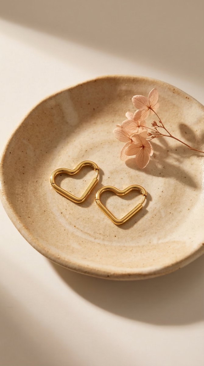 Lundholm Selma oorbellen goudkleurige hartvormige hoepels in keramieken schaaltje, sfeerbeeld sieraad cadeau voor vrouwen