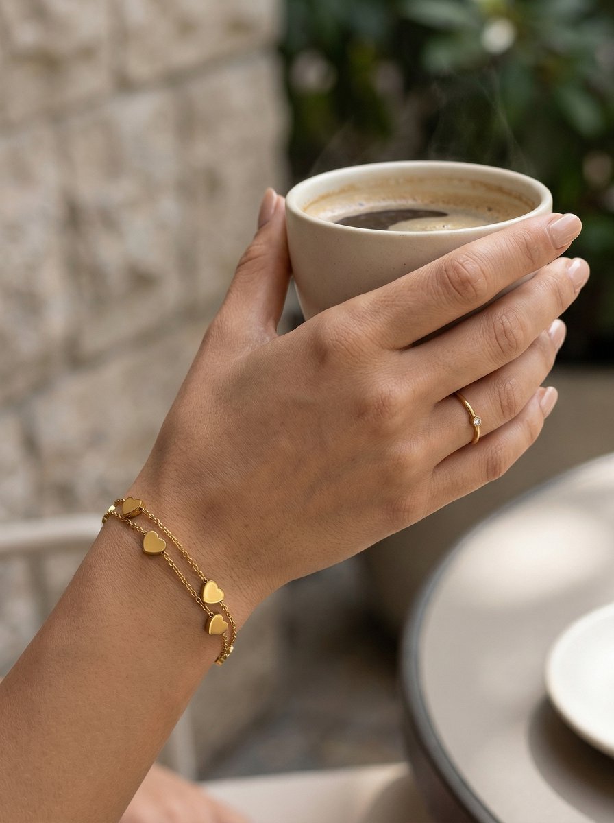 Lundholm Seya armband goudkleurig dubbellaagse hartjes bedelarmband gedragen door vrouw met koffiekop, lifestyle moederdag cadeau