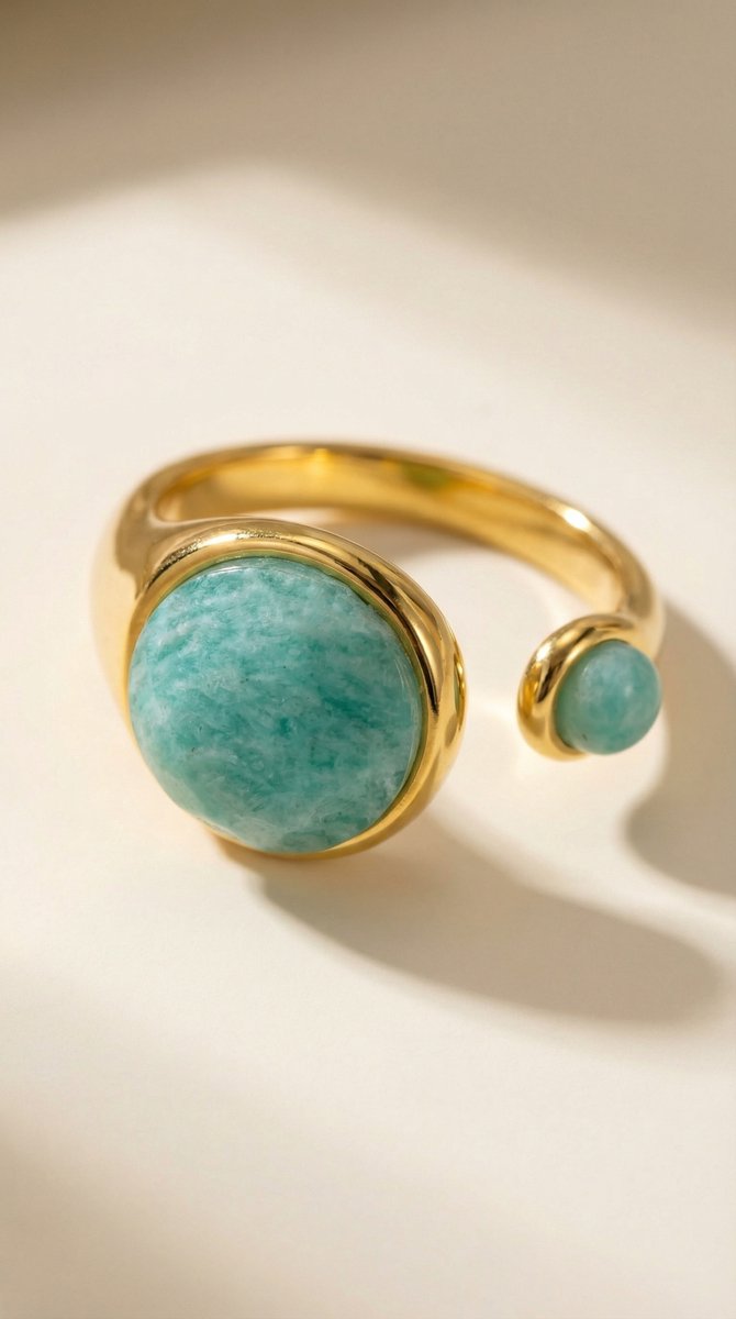 Lundholm Sophia ring met amazoniet edelsteen close-up, goudkleurig 18K verguld stainless steel verstelbare ring voor dames
