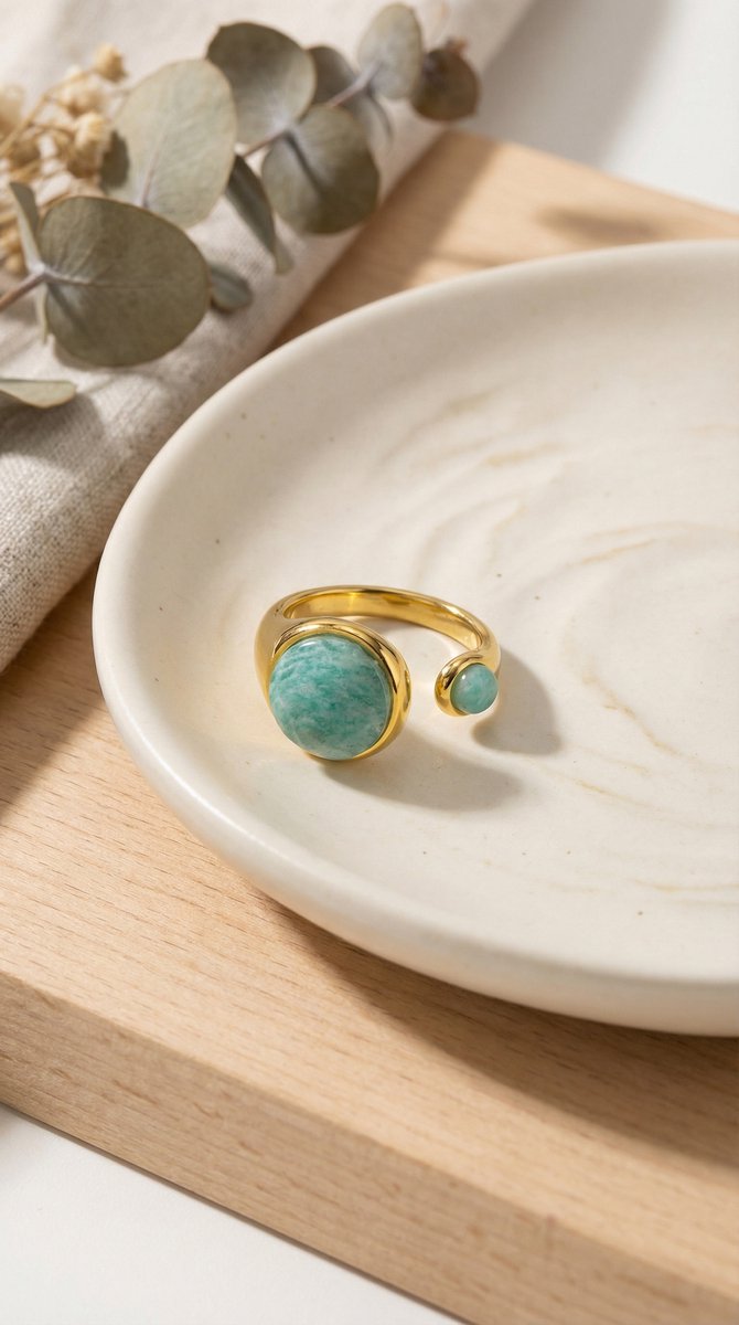 Lundholm Sophia ring amazoniet goudkleurig op keramisch schaaltje met eucalyptus styling, 18K verguld stainless steel verstelbare ring