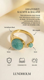 Lundholm Sophia ring infographic Amazoniet — afmetingen 12mm en 5mm, verstelbaar, 18K verguld, kalmte en balans