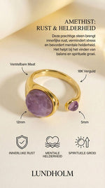 Lundholm Sophia ring infographic Amethist — afmetingen 12mm en 5mm, verstelbaar, 18K verguld, rust en helderheid