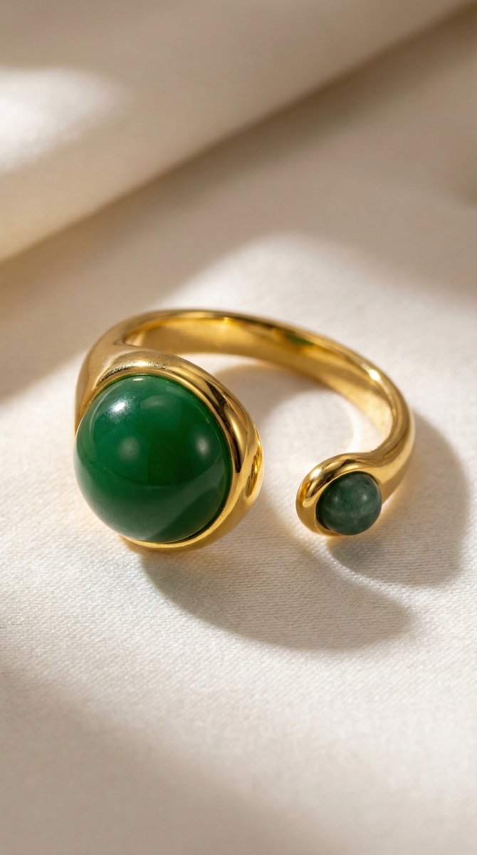Lundholm Sophia ring met groene agaat jade edelsteen close-up, goudkleurig 18K verguld stainless steel verstelbare ring voor dames