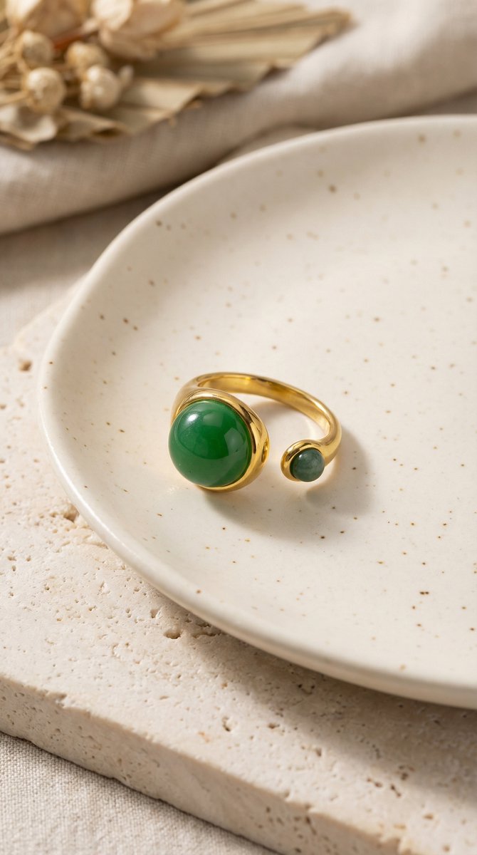 Lundholm Sophia ring met groene agaat jade edelsteen op keramisch schaaltje, goudkleurig 18K verguld stainless steel verstelbare ring lifestyle
