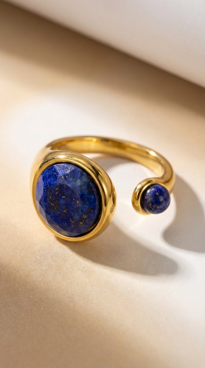 Lundholm Sophia ring met lapis lazuli blauwe edelsteen close-up, goudkleurig 18K verguld stainless steel verstelbare ring voor dames