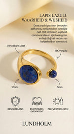 Lundholm Sophia ring infographic Lapis Lazuli — afmetingen 12mm en 5mm, verstelbaar, 18K verguld, waarheid en wijsheid