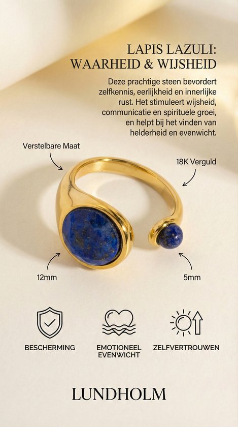 Lundholm Sophia ring infographic Lapis Lazuli — afmetingen 12mm en 5mm, verstelbaar, 18K verguld, waarheid en wijsheid