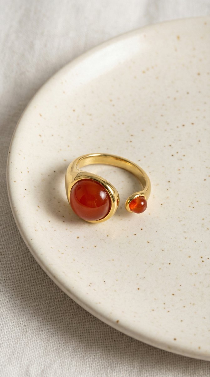 Lundholm Sophia ring met rode agaat edelsteen op keramisch schaaltje, goudkleurig 18K verguld stainless steel verstelbare ring lifestyle