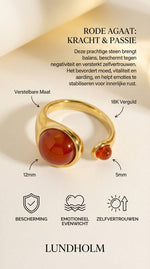 Lundholm Sophia ring infographic Rode Agaat — afmetingen 12mm en 5mm, verstelbaar, 18K verguld, kracht en passie
