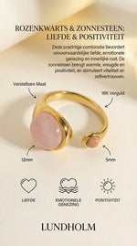 Lundholm Sophia ring infographic Rozenkwarts en Zonnesteen — afmetingen 12mm en 5mm, verstelbaar, 18K verguld, liefde en positiviteit
