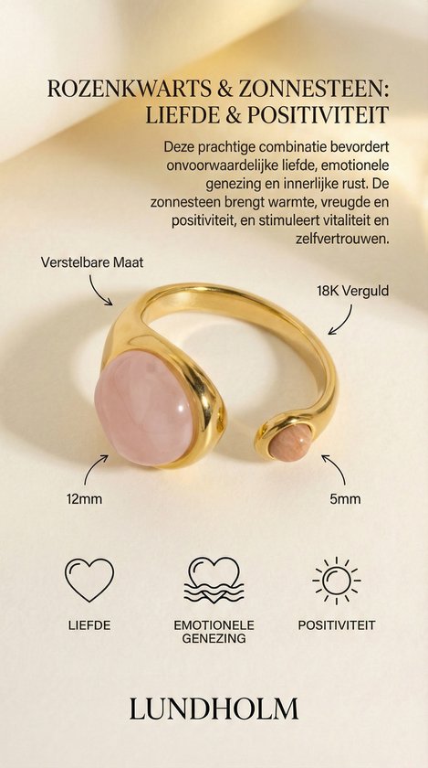 Lundholm Sophia ring infographic Rozenkwarts en Zonnesteen — afmetingen 12mm en 5mm, verstelbaar, 18K verguld, liefde en positiviteit