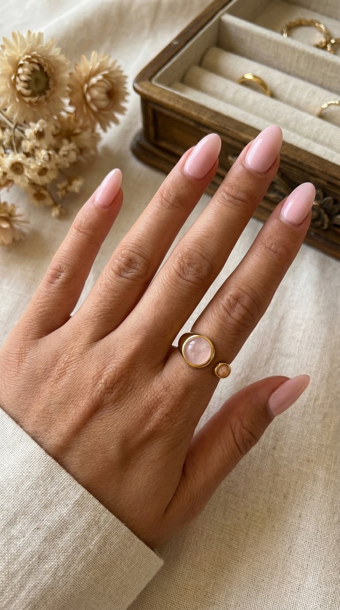 Lundholm Sophia ring met rozenkwarts en zonnesteen edelsteen gedragen aan vrouwenhand, goudkleurig 18K verguld stainless steel verstelbare ring