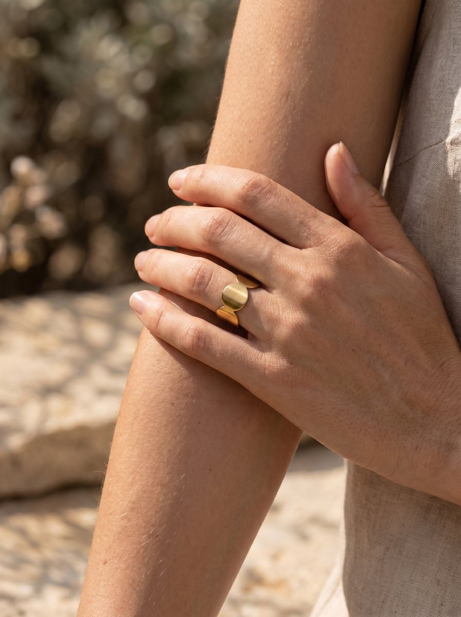 Lundholm Svea ring goud statement detail — gold plated stainless steel verstelbaar dames