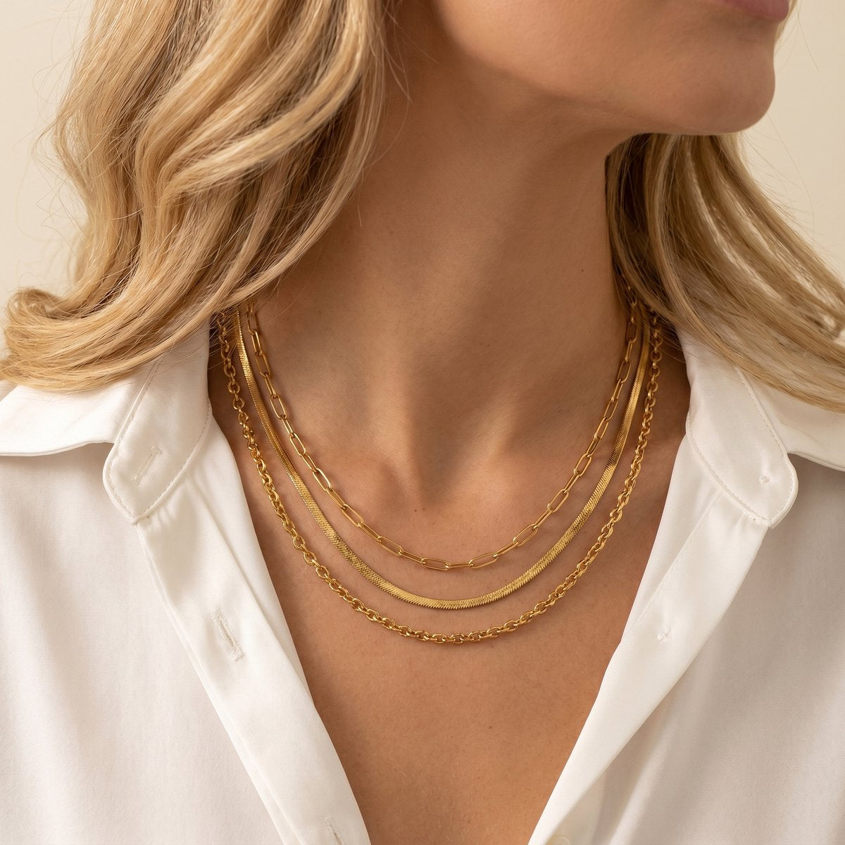 Lundholm Tove 3-laags layered ketting dames goud — snake chain paperclip schakelketting premium stainless steel Scandinavisch design