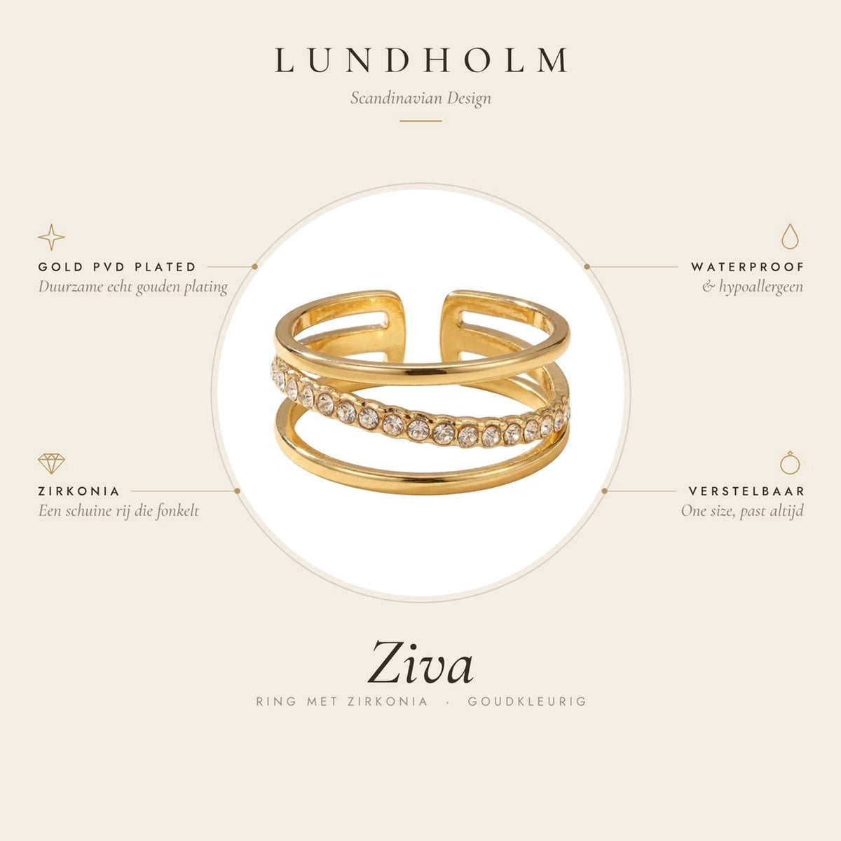 Lundholm Ziva ring goud – verstelbaar, waterproof en hypoallergeen, one size
