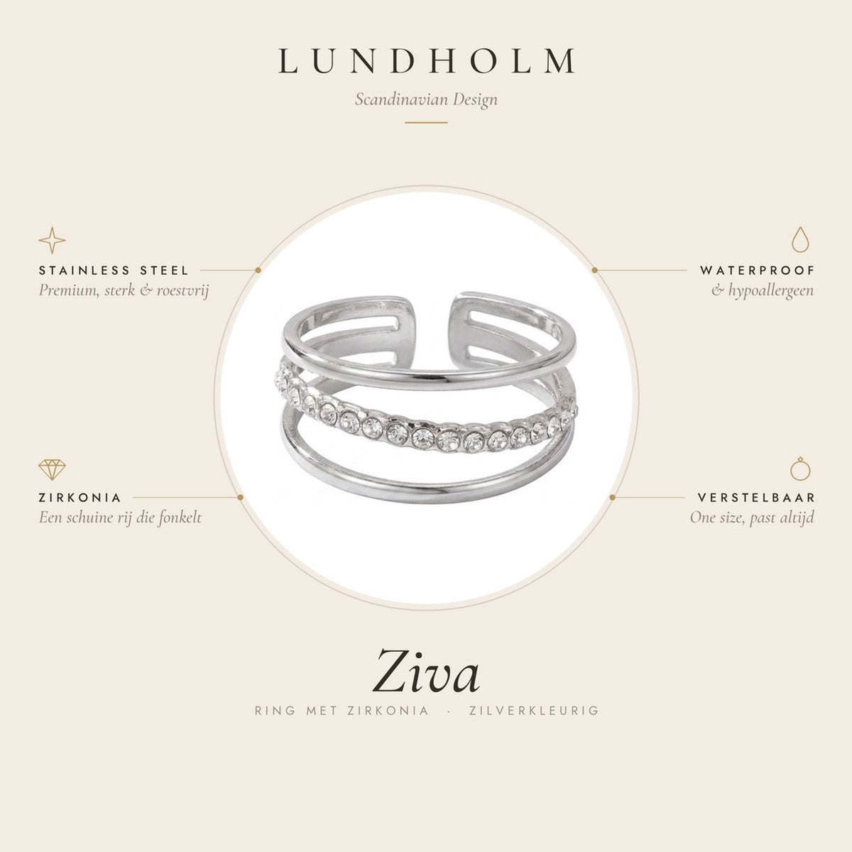 Lundholm Ziva ring zilver – verstelbaar, waterproof en hypoallergeen, one size